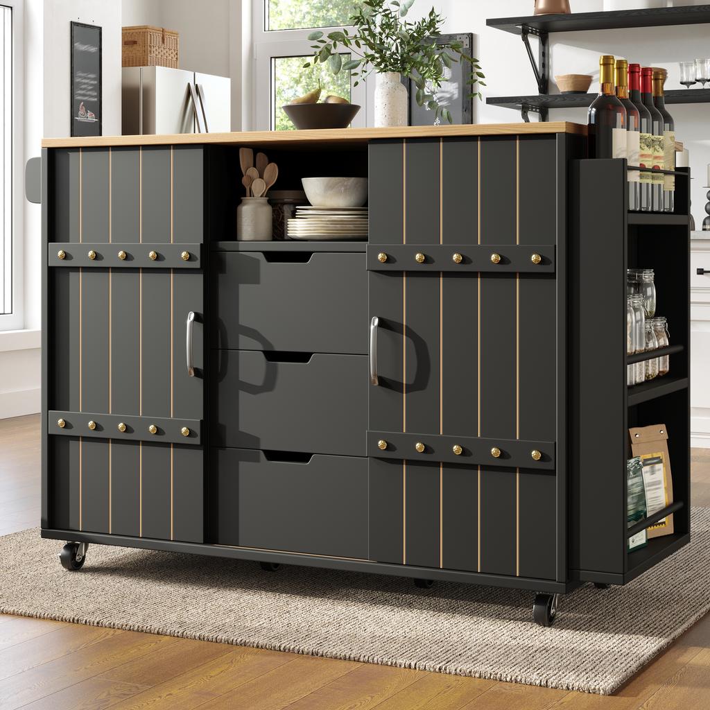 Mobile da Cucina, Carrello da Portata, Carrello da Cucina con Ruote, Piano di Lavoro, Portaspezie e Portasciugamani, Isola da Cucina con Ante Scorrevoli e Cassetti, Nero