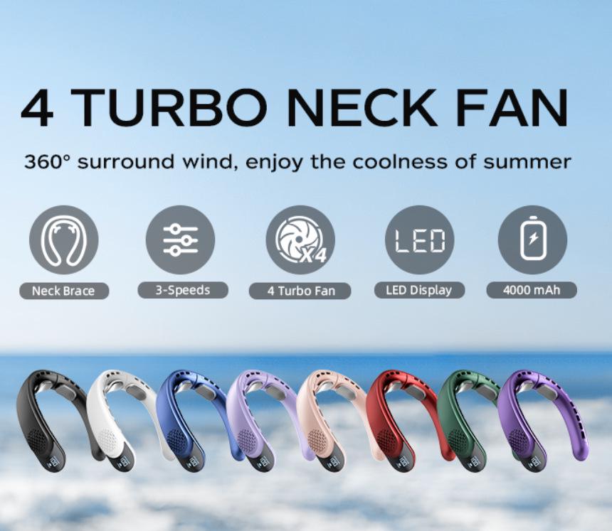 Bladeless Quad-Core Neck Fan: Portable, USB Rechargeable, High Wind Power for Outdoor Sports