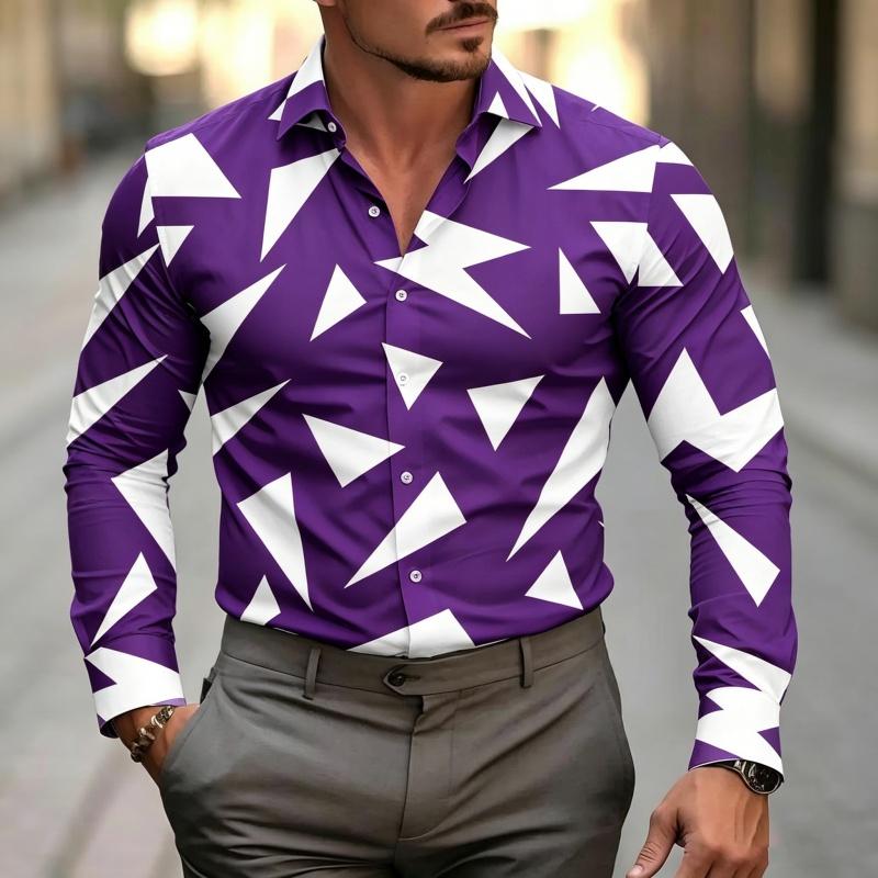 Men's Geometric Triangle Print Dress Shirt Long Sleeve Button Down Casual Slim Fit Business Party Tops For Men