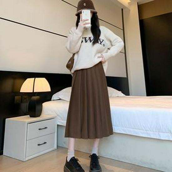 Women's Autumn/Winter High Waist Slimming Pleated Skirt with Belt - Elegant Mid-Length Swing Skirt