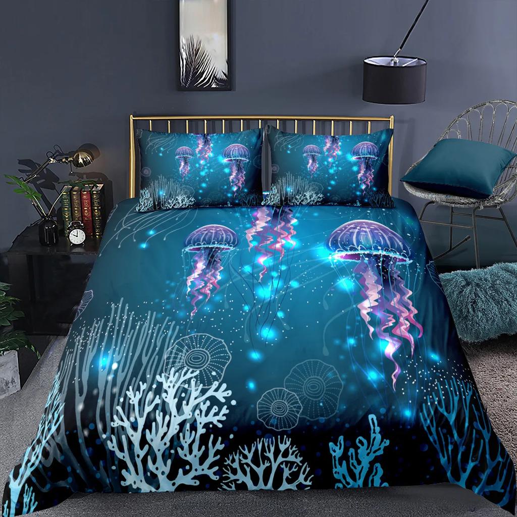 Huse de pilotă decorative cu meduze colorate, mărime King/Queen, Huse de plapumă cu animale subacvatice, Huse de cuvertură cu tematică marină pentru copii și adolescenți