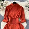 Vintage Spring Autumn Women Dress French Turn-down Collar Full Sleeve Solid Color A-line Female Long Shirt Dresses