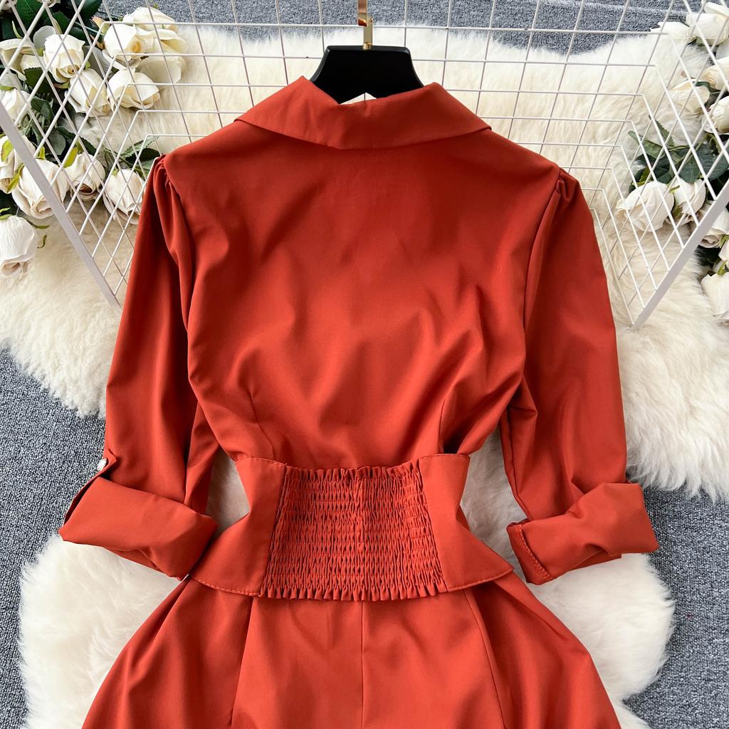 Vintage Spring Autumn Women Dress French Turn-down Collar Full Sleeve Solid Color A-line Female Long Shirt Dresses