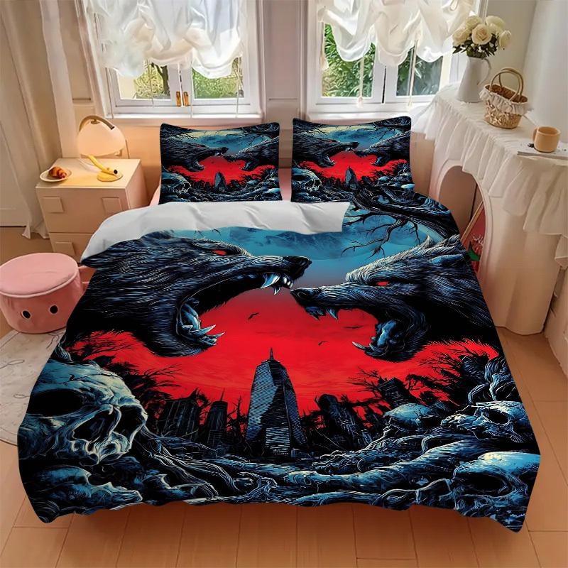 3pcs Anime Wolf Moonlight Bedding Set - Includes One Quilt Cover and Two Pillowcases (No Core) - Perfect for Bedroom and Guest Room Decorati