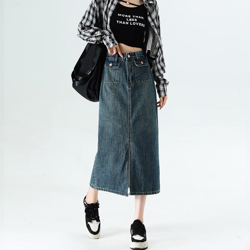 

Весенне-летняя женская джинсовая юбка. Открытая ковбойская юбка-бюстье. Тонкая часть длинной юбки трапециевидного силуэта в стиле ретро с высокой талией. XXL