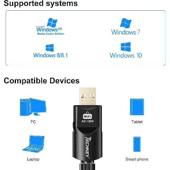 WiFi Adapter 1200Mbps Techkey USB 3.0 WiFi Dongle 802.11 Ac Wireless Network Adapter with Dual Band 2.42GHz/300Mbps 5.8GHz/866Mbps 5dBi High Gain
