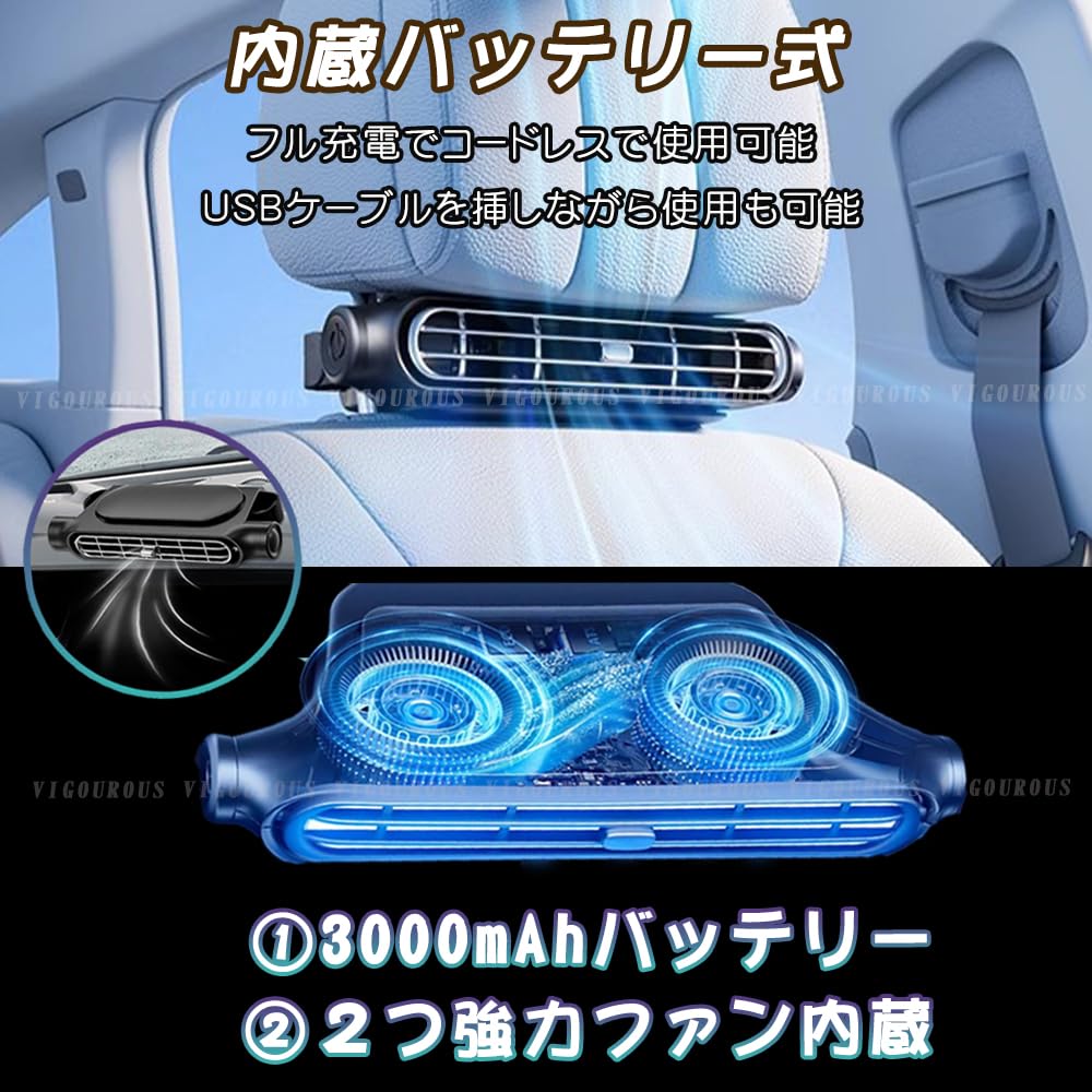 (Improved 2025 Model, 3,000 mAh, Cordless Usable) Car Fan, USB , 3 Levels of