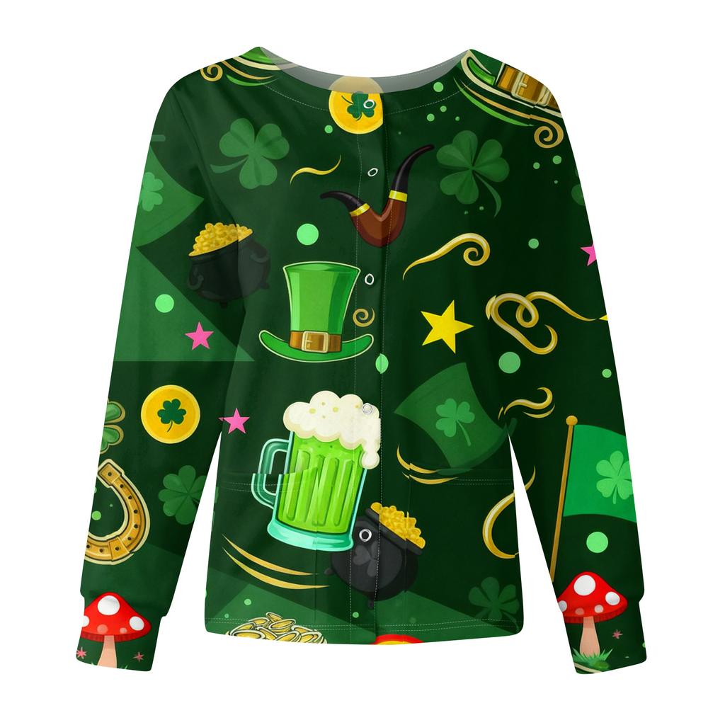 Damen Casual Mode Langarm Stehkragen Einreiher St. Patrick's Day Print Arbeitsjacke Tops