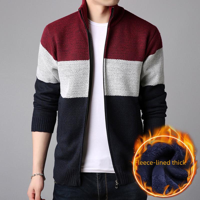 Herren Herbst/Winter Reißverschluss Strickjacke: Gestrickte Samtjacke mit Stehkragen