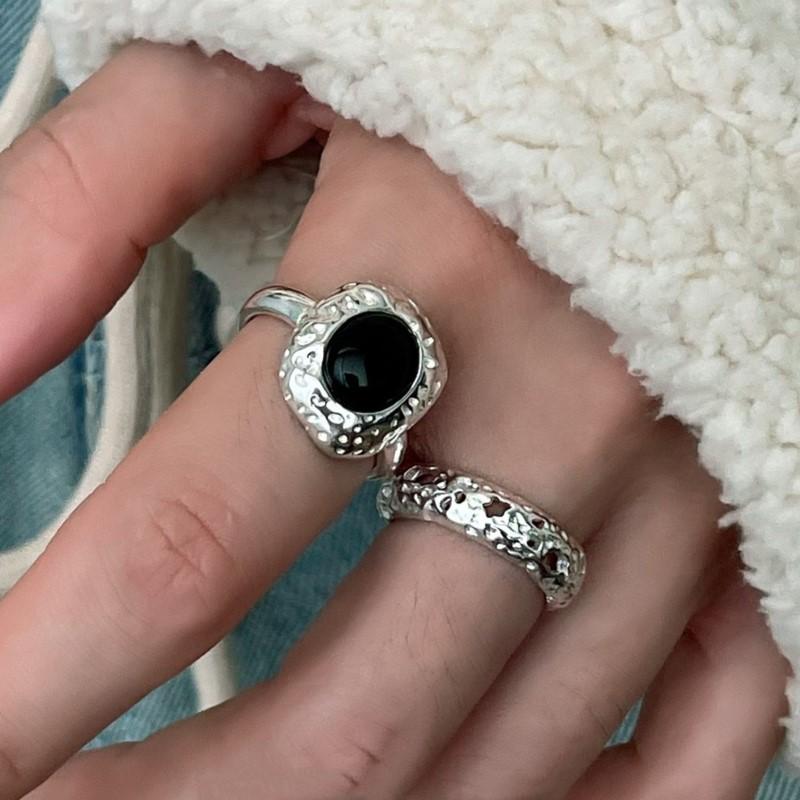 PANJBJ 925 Sterling Silve Black Agate Ring for Women Punk Irregular Hollow Out Liquid Lava Adjustable Jewelry Gift Dropshipping