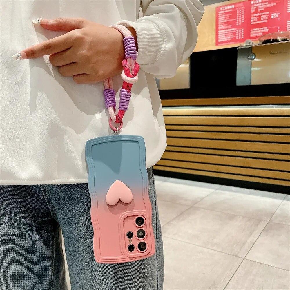 Gradient Love Heart Lanyard Case for Samsung Galaxy S24 Ultra S23 S22 Plus S21 S20 FE A54 A14 A34 A52 A53 Wrist Strap Wave Cover