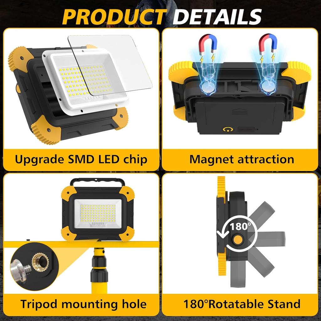 LED Work Spotlight 5 Mode Portable Construction Flood Light Rechargeable Camping Lamp for Site Garage Workshop Fishing Emergency