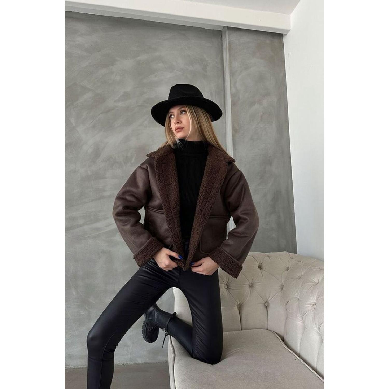 

Brown Nubuck Fur Collar Women s Coat Jacket S коричневий