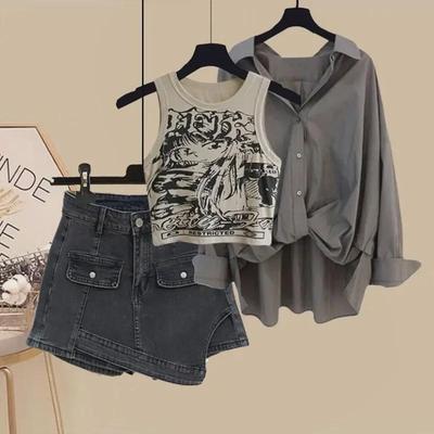 2024 Damen Frühlingsmode: Dreiteiliges Set im Salted Style – Bedrucktes Hemd, Weste und Shorts