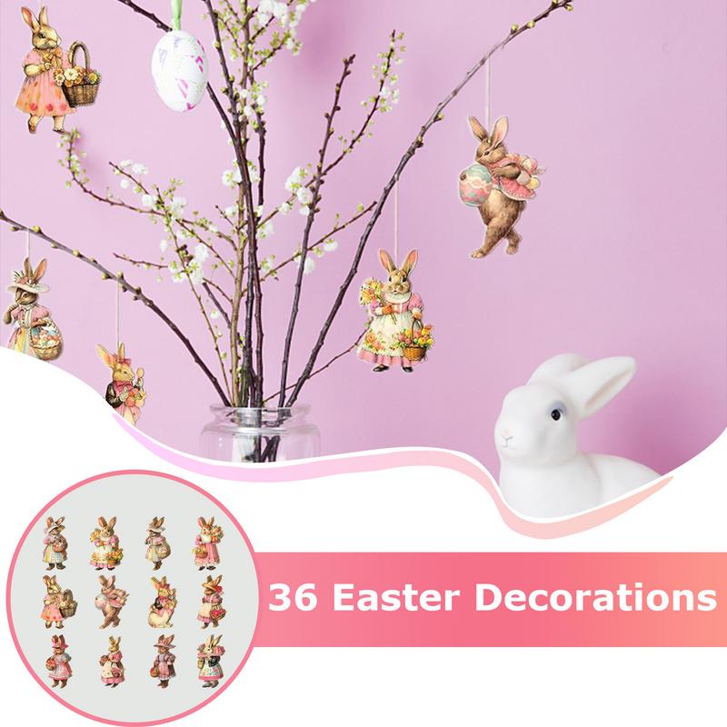 36pcs Easter Bunny Dangling Ornaments Retro Happy Easter Theme Wooden Tree Pendant Egg Rabbit Door Hangers Backdrop Decoration