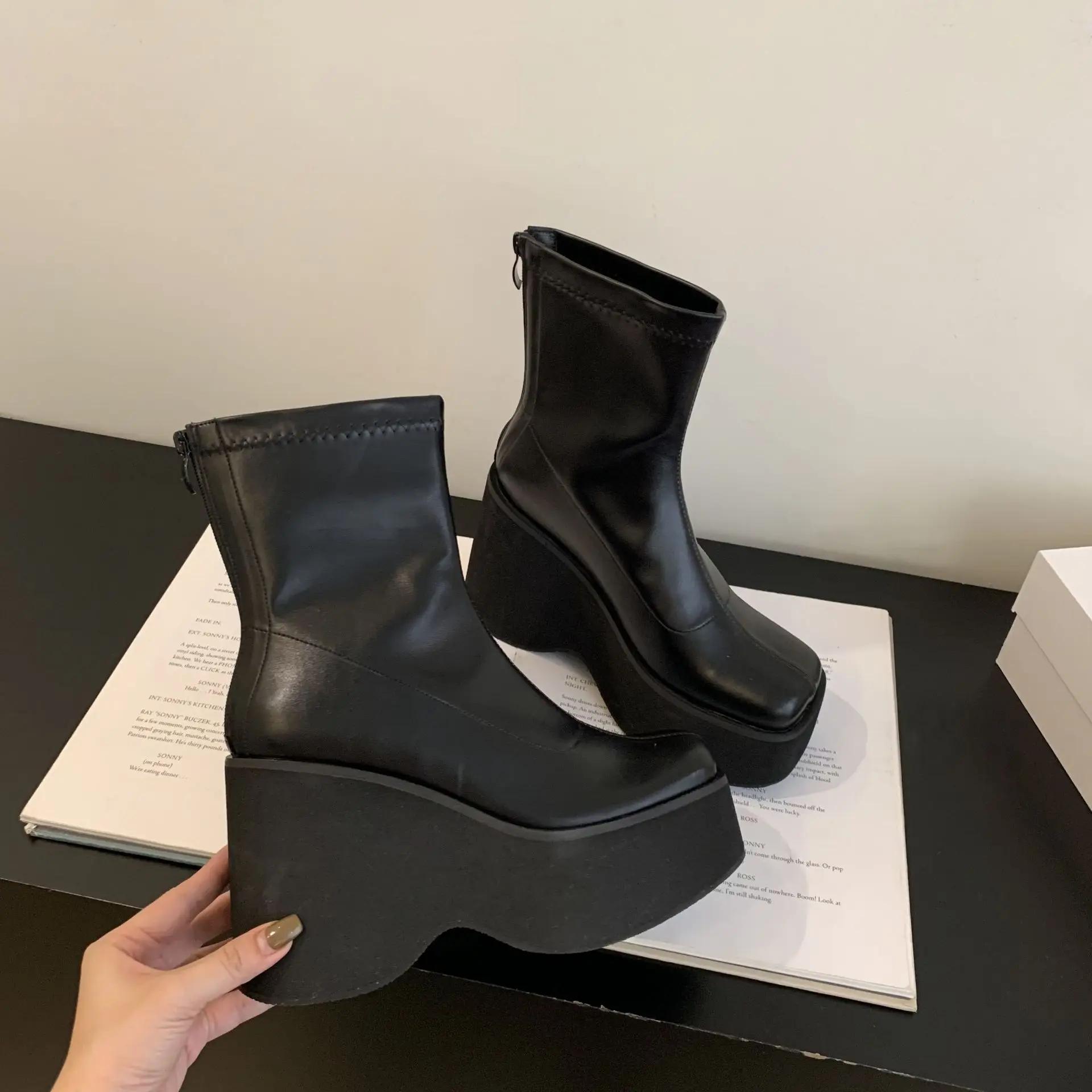 

Ботильоны женские из натуральной кожи на толстом высоком каблуке с черной квадратной головкой и молнией сзади, удобные, готические, Zapatos Mujer 36 чёрный