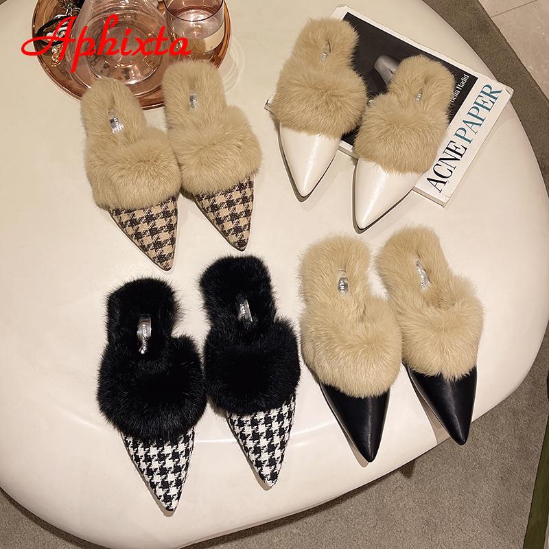 Aphixta Nouvelles Pantoufles d'Hiver Chaudes en Vrai Fourrure de Lapin Peluche pour Femmes Chaussures à Carreaux Fourrées Oiseaux Bout Pointu Talon Plat Diapositives à Cheveux