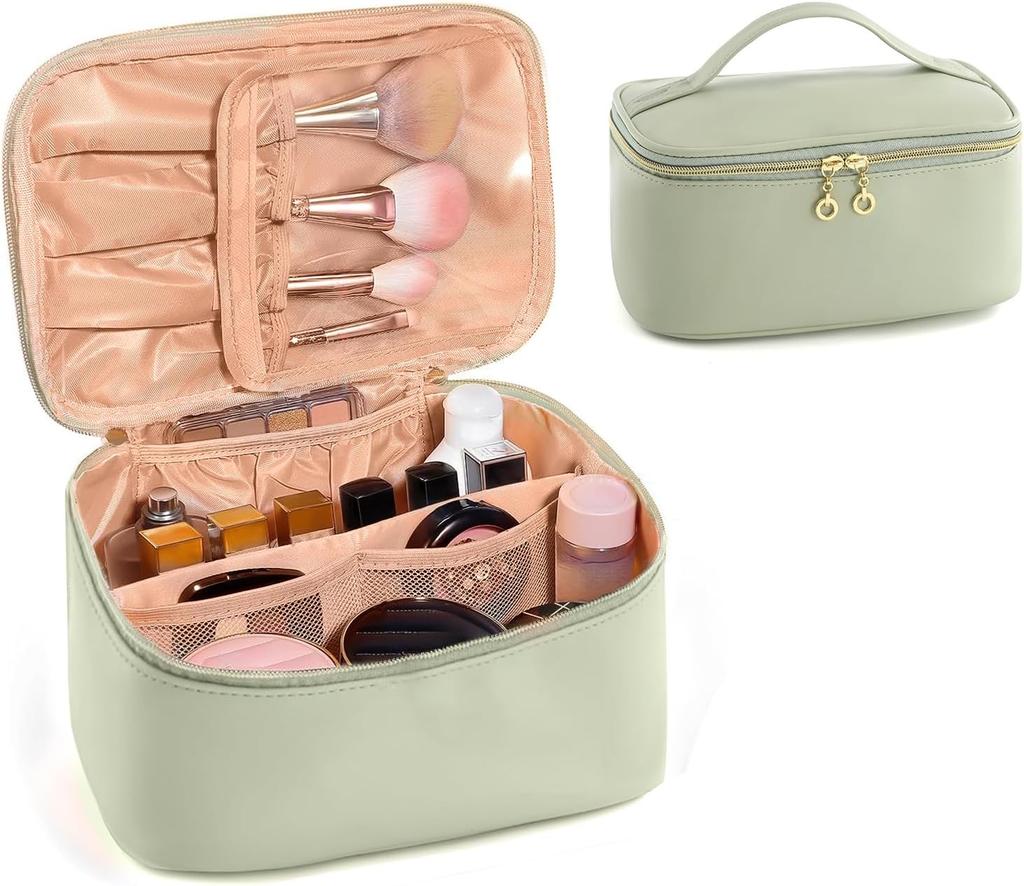 Large Capacity Portable Cosmetic Bag Storage Bag with Handle Partition Layer Green 23.8*16.5*12cm