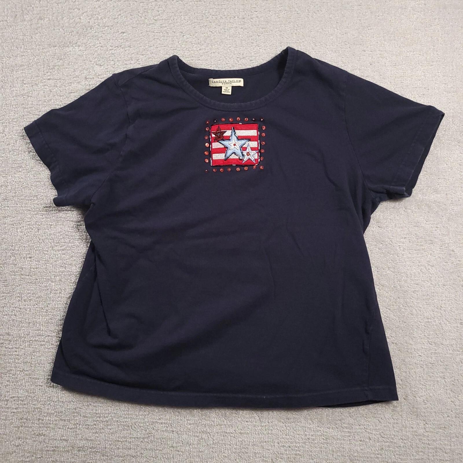 Carolyn Taylor Woman Plus Size 1X Blue Short Sleeve Top Shirt Flag USA Stars 130