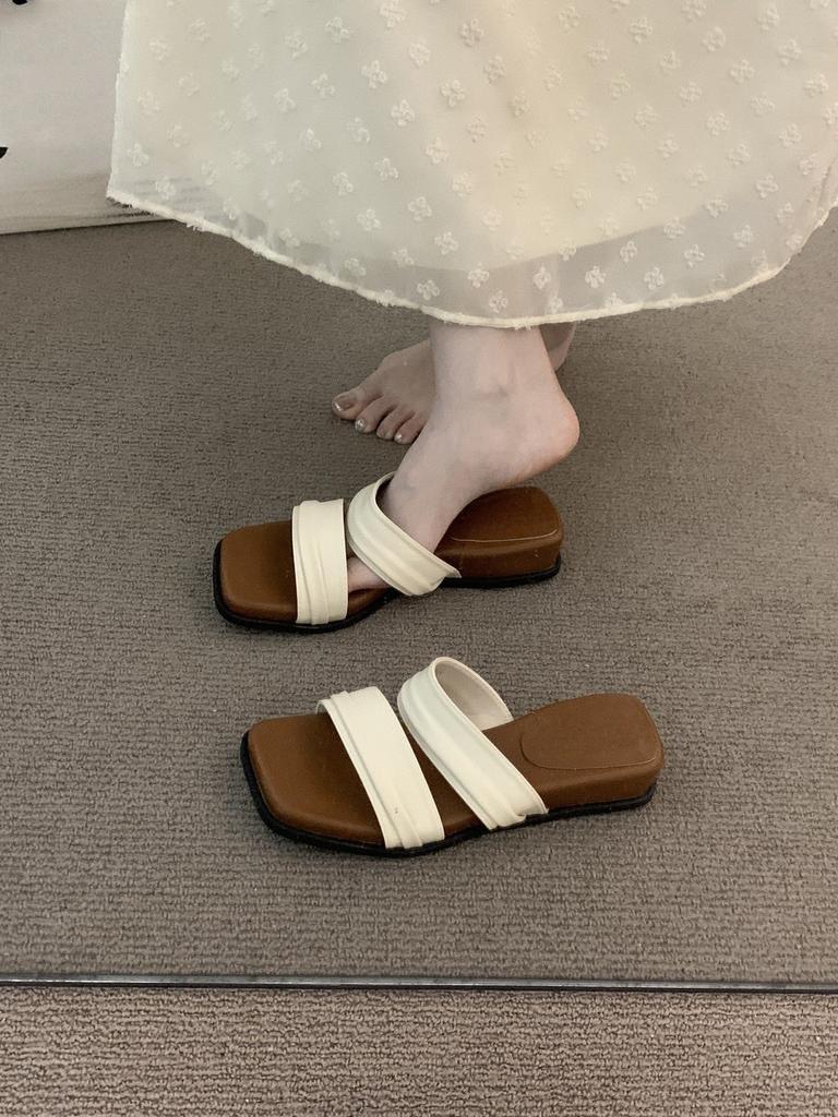 Wedge heel niche retro square head one-word slippers women's shoes outer wear 2025 summer with skirt French sandals