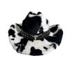 Wide Brim Plush Western Hat Rivet Strap Furry Cowboy Cap Cow Print Cowboy Hat  Streetwear Outfit