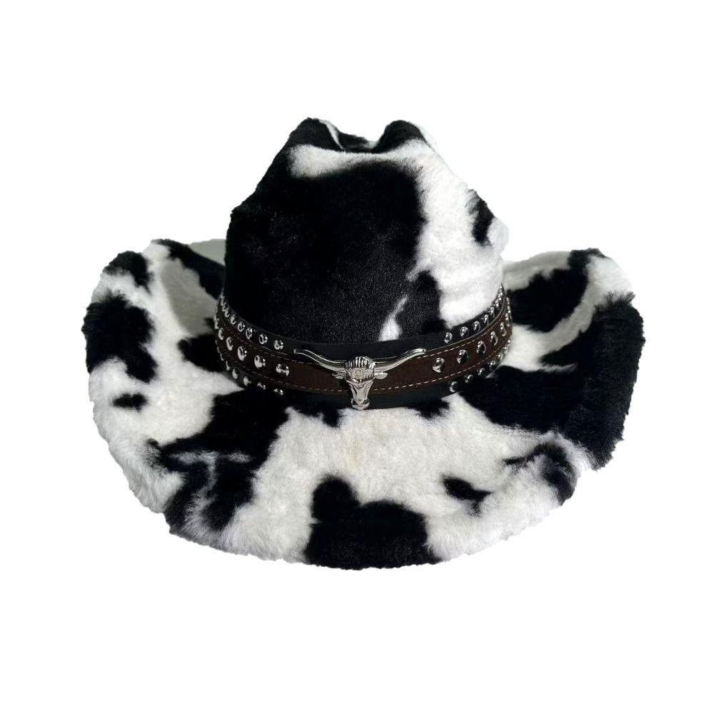 Wide Brim Plush Western Hat Rivet Strap Furry Cowboy Cap Cow Print Cowboy Hat Streetwear Outfit