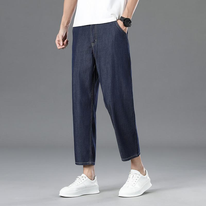 Lyocell Anti-fading High-end Wide-leg Jeans For Men, Loose Straight Stretch Stretch Summer Eight-nine-point Jeans