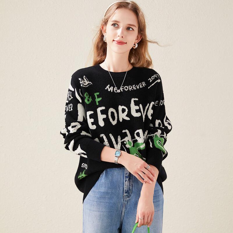 TUHUANG Women's Thickened Pure Wool Letter Jacquard Round Neck Sweater