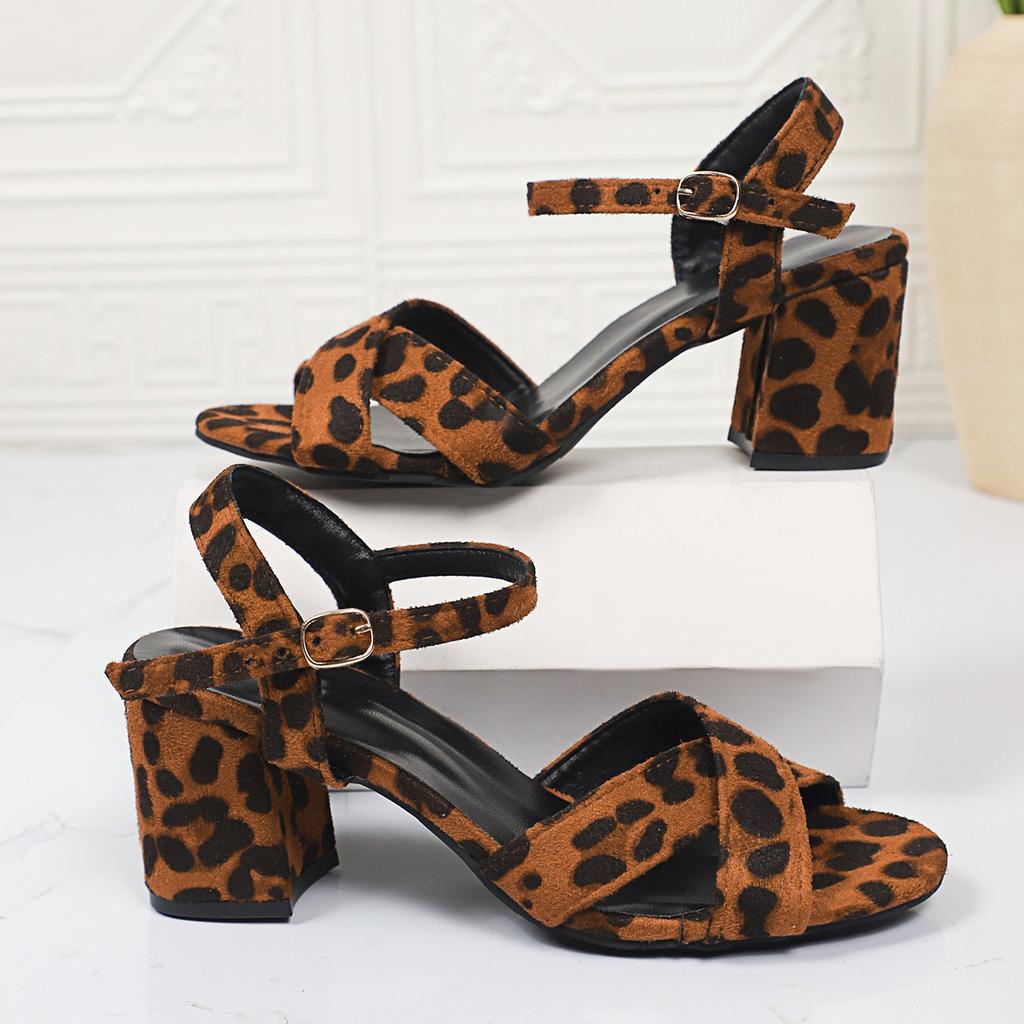 Fashion Women's Leopard Print Thick Heel Sandals Summer New Open Toe Thick Soles High Heels Large Size Ladies Sexy Party Dress Shoes