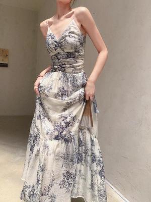 Women's French Retro Ink Wash Floral Backless Camisole Dress - Super Fairy Style, Vacation-Ready, Unique Design