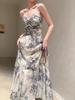 Women's French Retro Ink Wash Floral Backless Camisole Dress - Super Fairy Style, Vacation-Ready, Unique Design