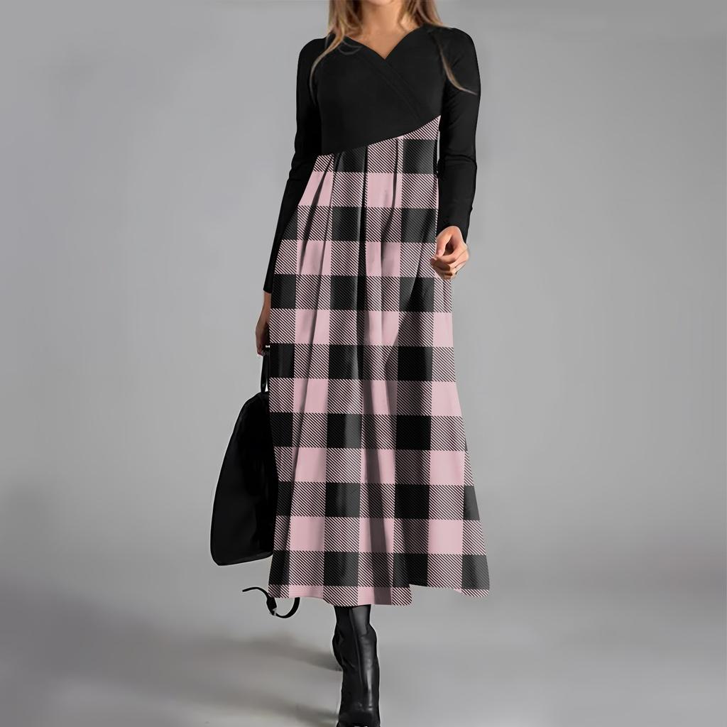 Dámské ležérní šaty s dlouhým rukávem s výstřihem do V, kostkovaným potiskem, stahovací kapsou v pase a velkými swingovými šaty