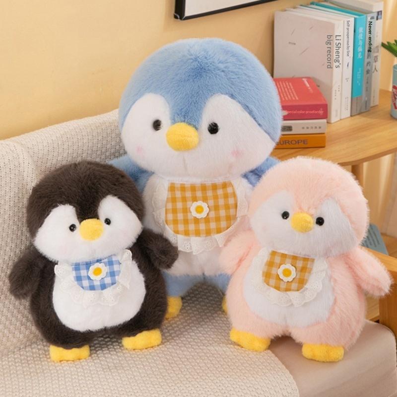 Lightweight Soft Penguin Stuffed Animal Fluffy Plush with Cute Checkered Bib for Kids Outdoor Travel Gift Decor