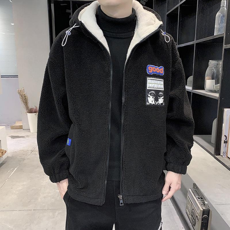 

Мужская флисовая куртка больших размеров с подкладкой из овечьей шерсти, хлопковая куртка с капюшоном и воротником-стойкой. M чёрный
