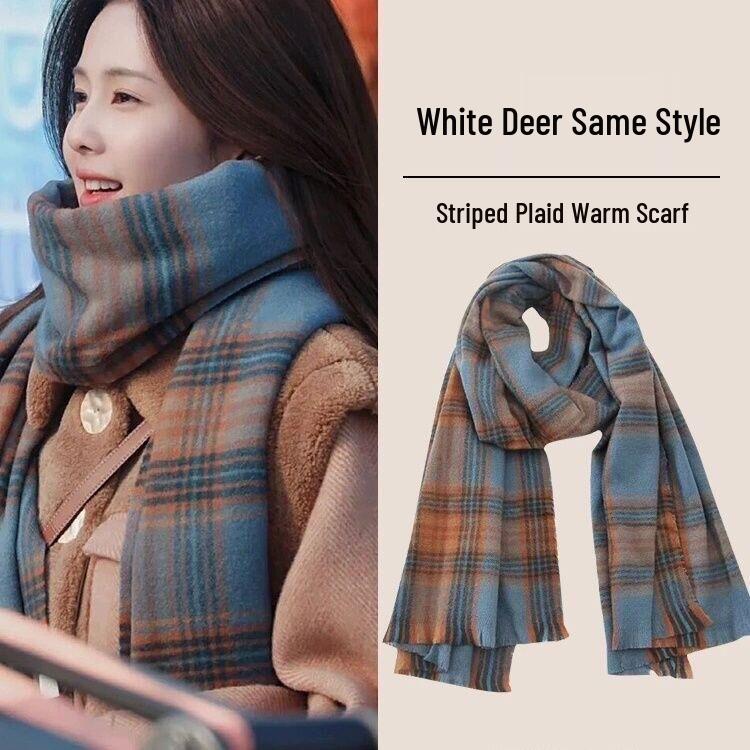 Korean Style Plaid Mohair Scarf - Women's Winter Imitation Cashmere Shawl