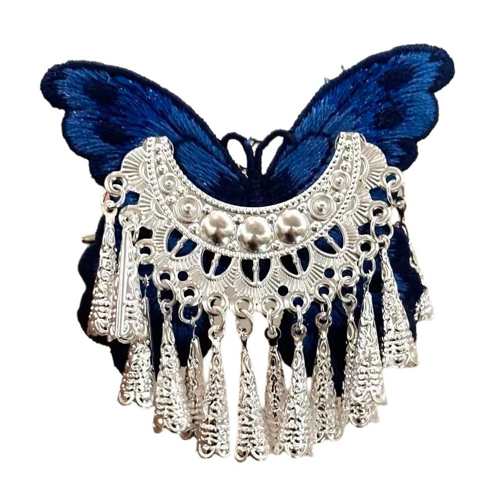 Ethnic Blue Butterfly Tassel Hair Clip - Retro-inspired Chinese Hair Accessory for Women