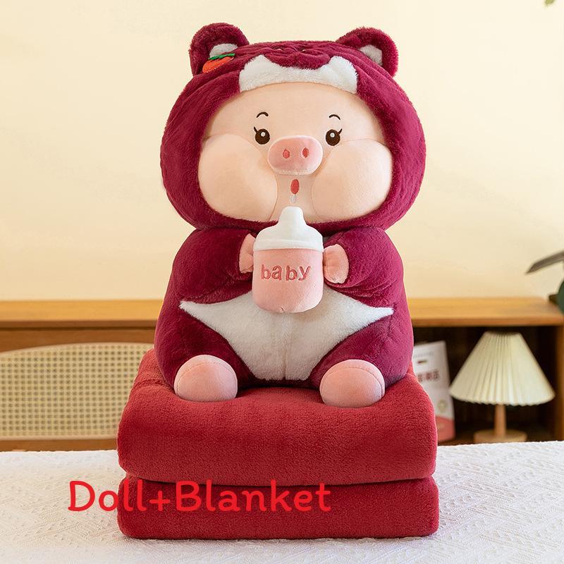 

Pig Lotso Bottle Plush Animal Doll Pillow With Blanket For Travel And Bedroom Red