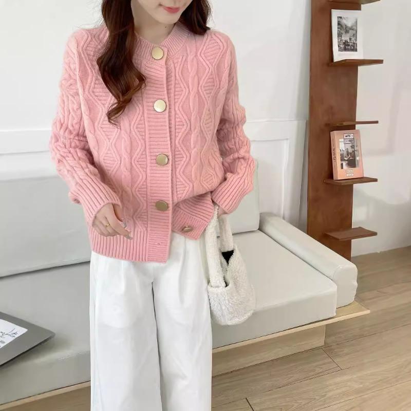 Autumn and Winter New Round Neck Retro Twist Knitted Cardigan Sweater Jacket Lazy Style Design Soft Waxy Sweater Women