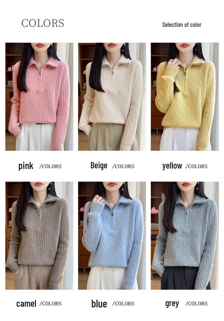 Women's Thick Wool Lapel Sweater: Autumn Winter, Half-Zip, Cable Knit, Long Sleeve Base Layer