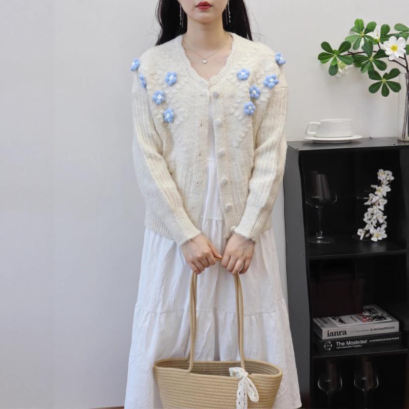 Three-dimensional flower knitted cardigan autumn and winter new age-reducing design temperament versatile sweater jacket women