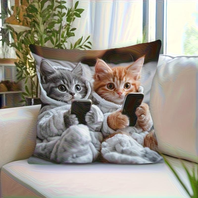 1 Modern Style Cat Pillow Cover - Gray and Orange Kitten with Smartphone Pattern, Soft Polyester Decorative Cushion Case, Zipper Closure Machine Washa