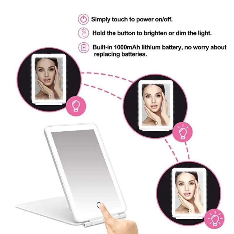 Portable Foldable Travel Makeup Mirror With Led Light Infinite Dimming Bedroom Vanity Mirrors Usb Rechargeable Make Up Tools