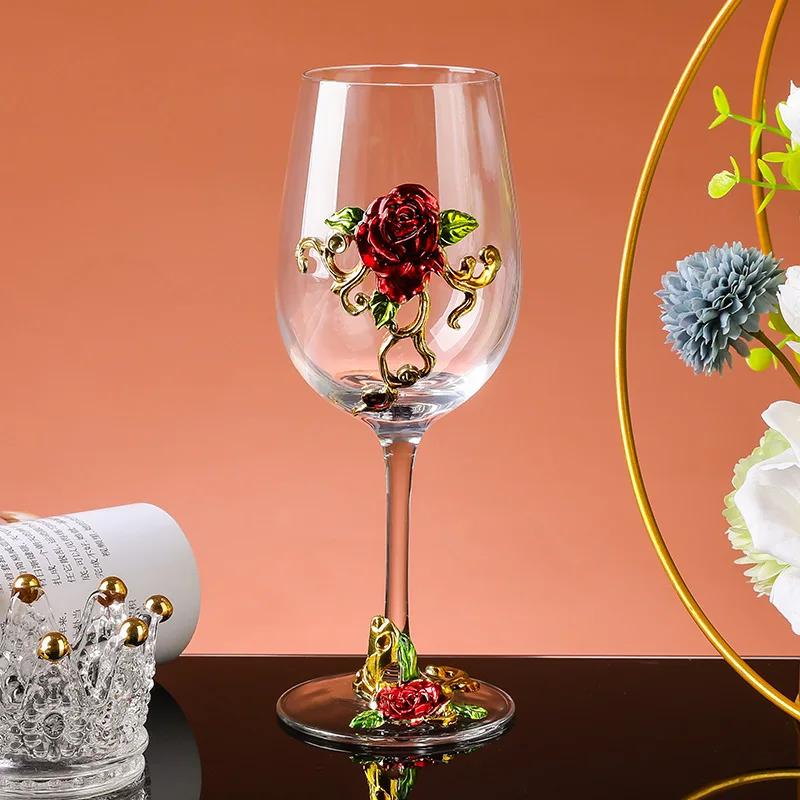 Luxury Crystal Enamel Goblet Glasses Vintage 3D Floral Decor Wine Glass Champagne Cup for Wedding Party Home Bar Home Party Gift
