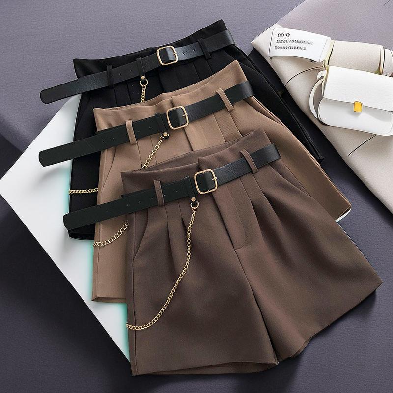 Damen Sommer Anzug Shorts mit Gürtel Koreanische Version Schlank Hohe Taille Lässig A-Linie Weiter Bein Hosen