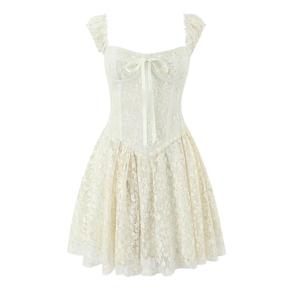 

2026 Spring Floral Lace Sweetheart Dress with Bow Accent Large бежевий