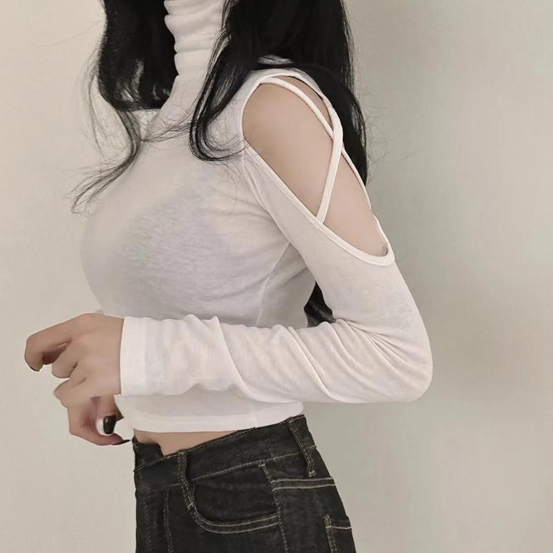 Sexy Off Shoulder Top Women's Long Sleeve Tight Hollow Out High Neck Underlay Short T-shirt Slim Fit