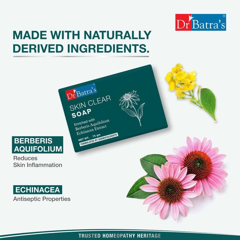 Dr Batra's Skin Clear Soap 75g Pack of 4 Acne Care Bar with Berberis Aquifolium, Echinacea & Tea Tree Oil