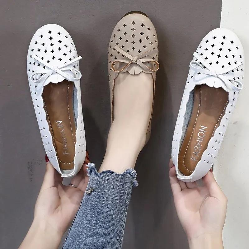 Comfortable Soft Sole Flat Single Shoes Breathable Hollow Bow Design Women's Casual Work Shoes Artificial Soft Leather Shallow Mouth Slip-on