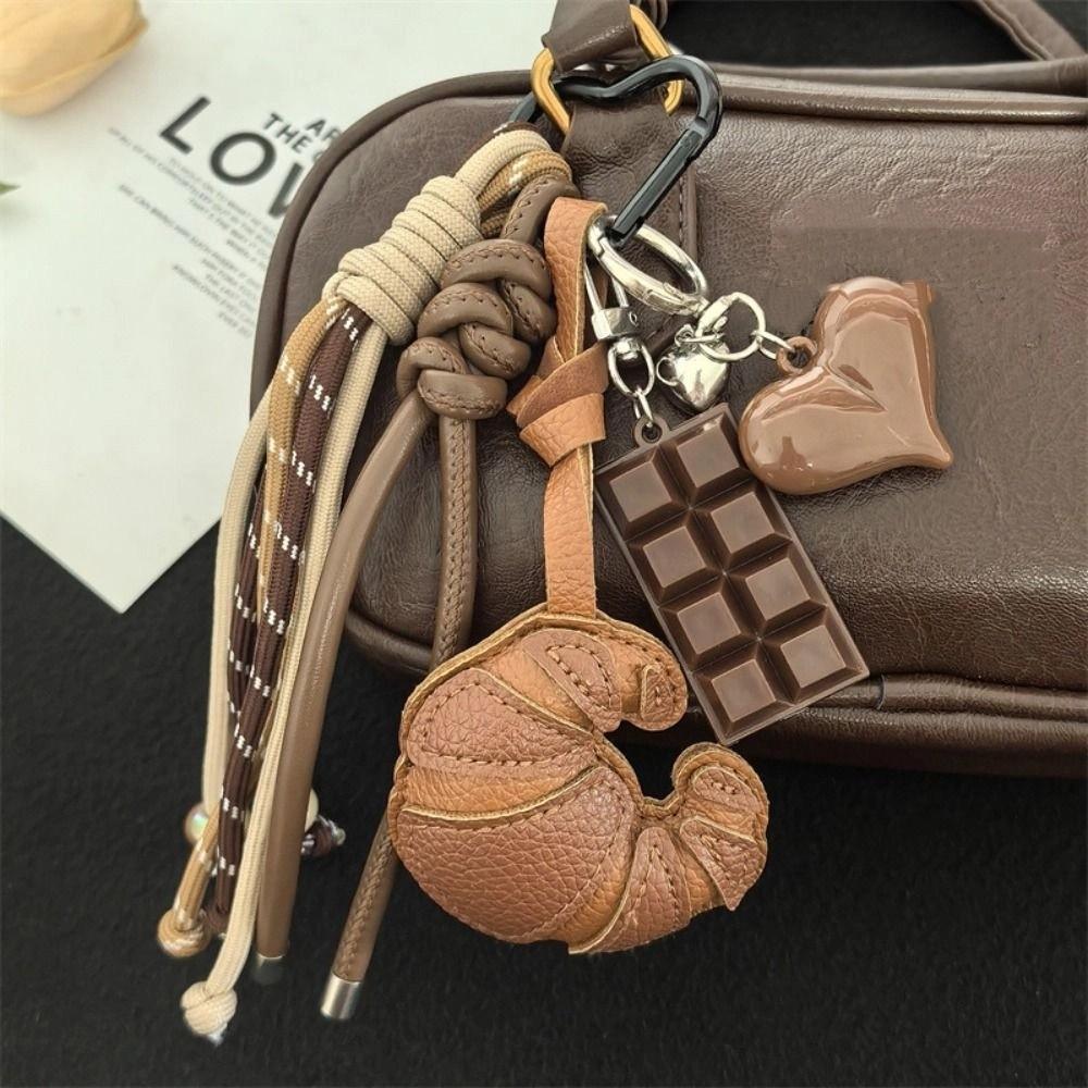 Hand-Woven Ladies Horn Bag Pendant Anti-Lost Pu Leather Bread Keychain Children Girl