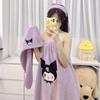 Kuromi Wearable Bathrobe Set: Includes Coral Fleece Bath Towel, Dry Hair Cap, and Hair Band - Soft, Skin-Friendly, Cartoon Design.
